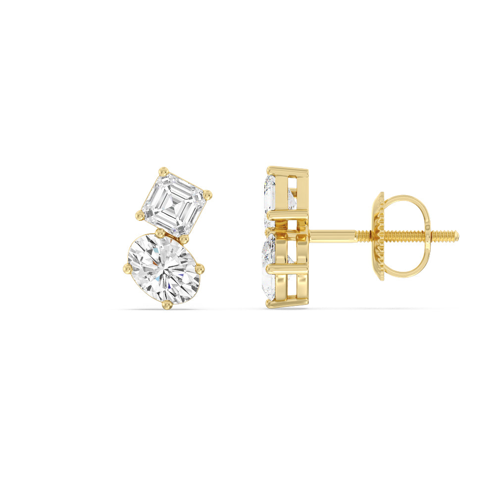 Toi et Moi Square Emerald and Oval Diamond Stud Earrings with 14KT Yellow Gold / Lab / 1 3/4 Cut Diamond in 14KT Yellow Gold / Lab / 1 3/4 view 2