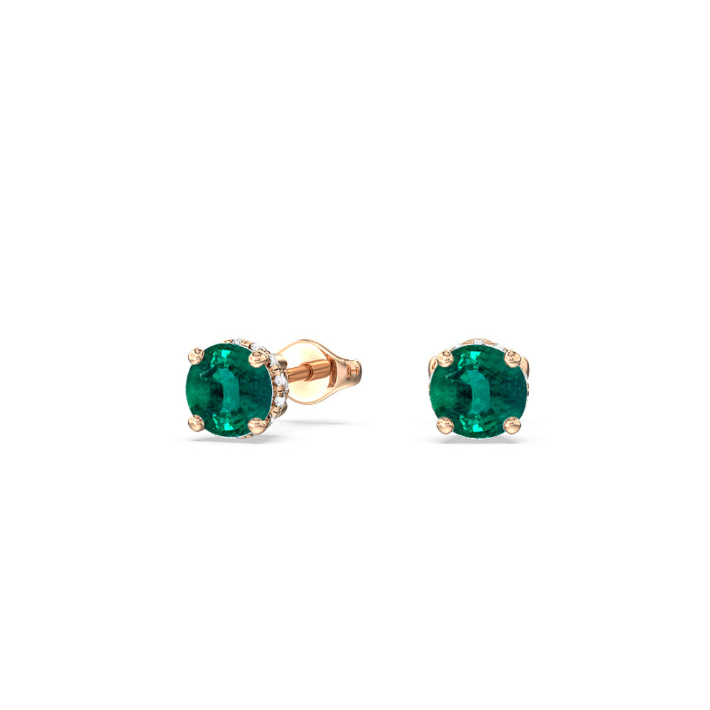 Round Shape Emerald and Lab Diamond Classic Solitaire Under-Halo Earrings with 7 Cut Diamond in 14KT Rose Gold view 1