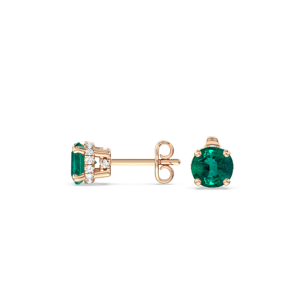 Round Shape Emerald and Lab Diamond Classic Solitaire Under-Halo Earrings with 7 Cut Diamond in 14KT Rose Gold view 2