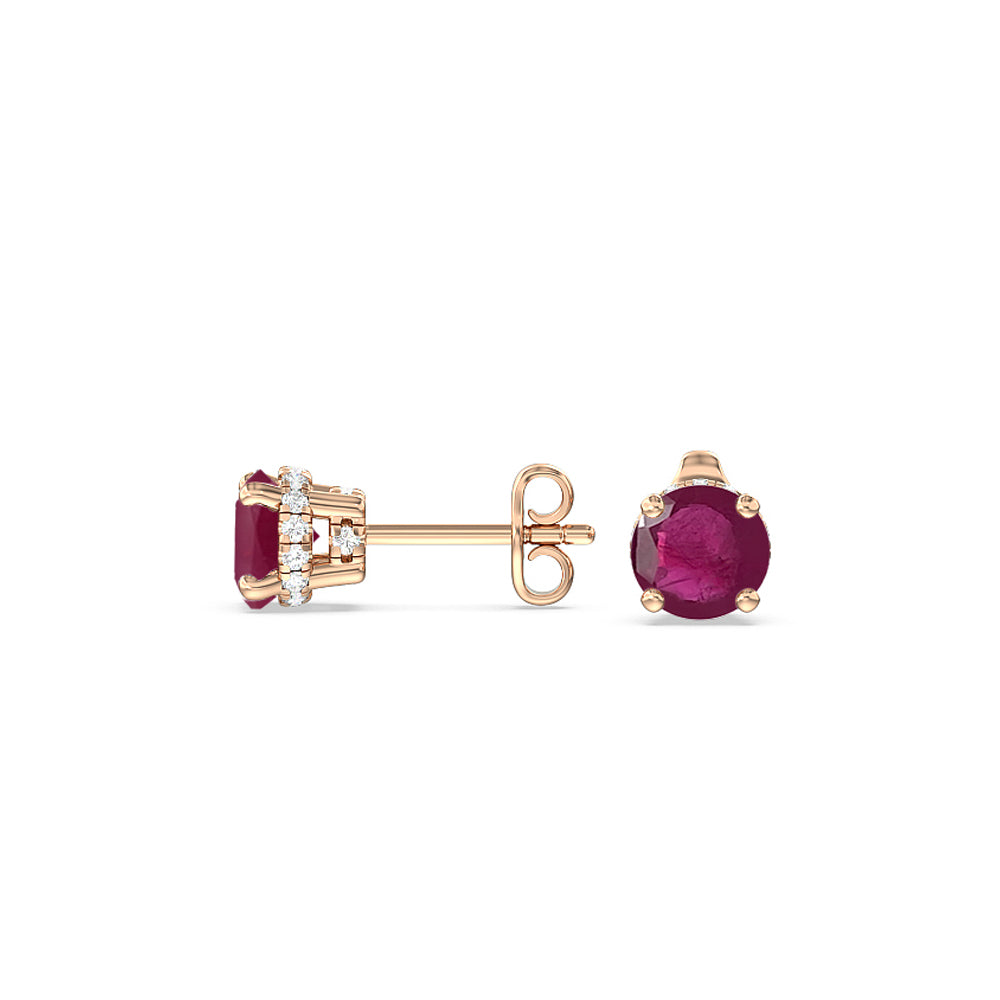 Round Ruby and Lab Diamond Classic Solitaire Under-Halo Earrings with 6 Cut Diamond in 14KT Rose Gold view 2