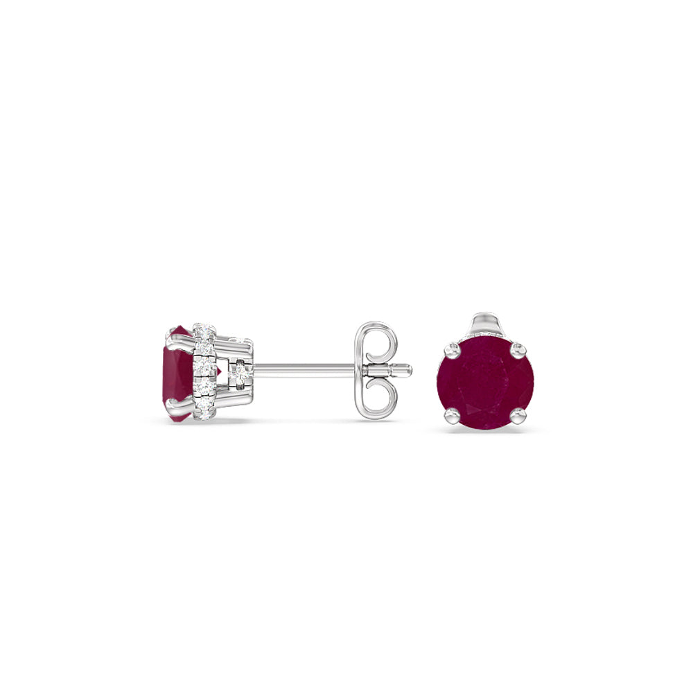 Round Ruby and Lab Diamond Classic Solitaire Under-Halo Earrings with 6 Cut Diamond in 14KT White Gold view 2