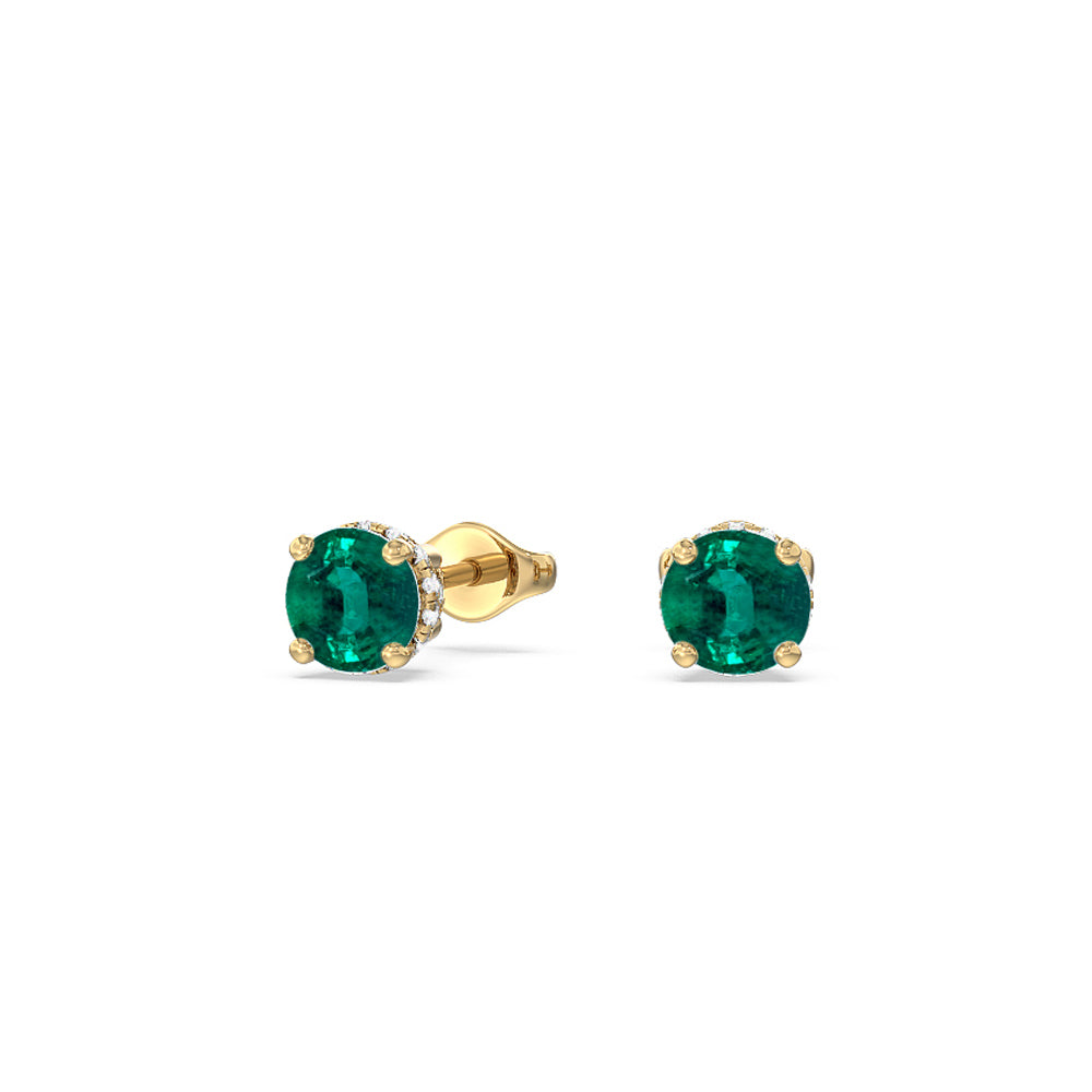 Round Shape Emerald and Lab Diamond Classic Solitaire Under-Halo Earrings with 7 Cut Diamond in 14KT Yellow Gold view 1