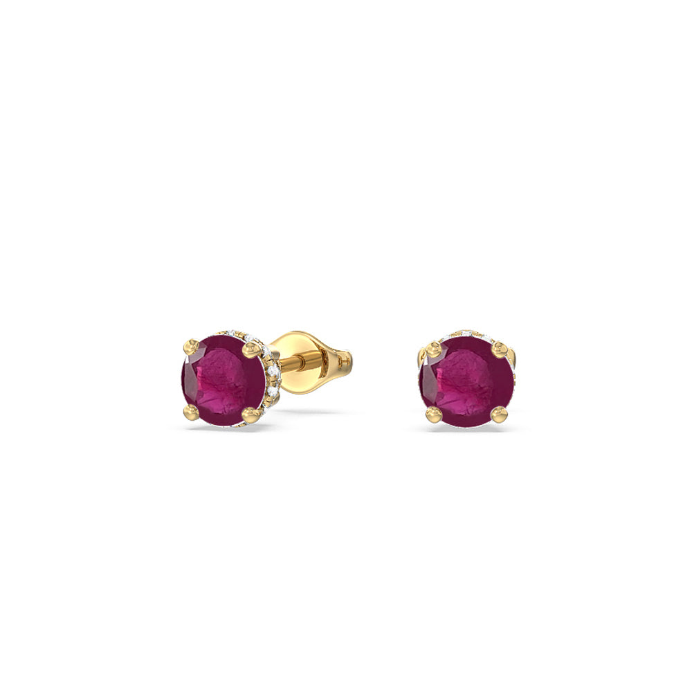Round Ruby and Lab Diamond Classic Solitaire Under-Halo Earrings with 6 Cut Diamond in 14KT Yellow Gold view 1