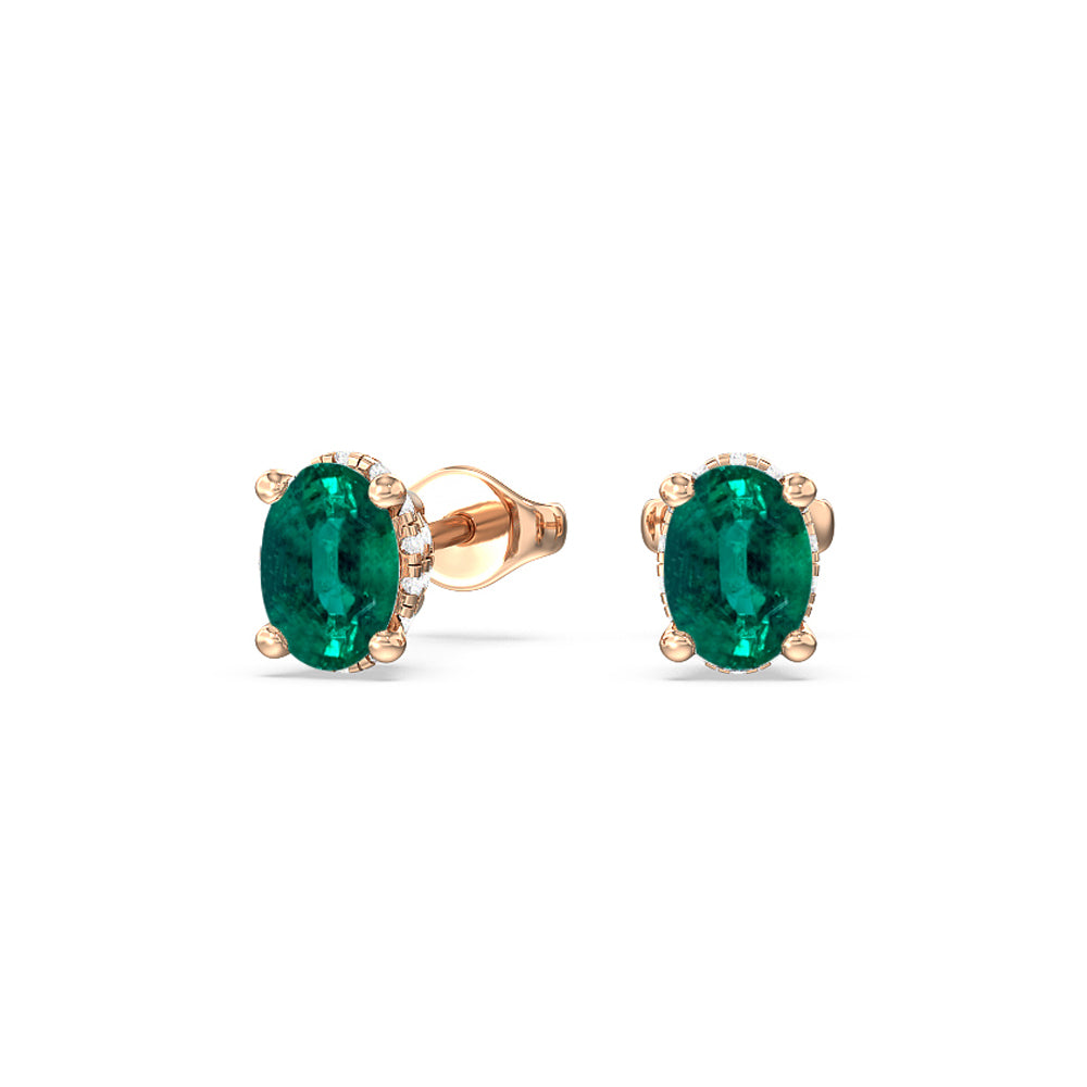 Oval Shape Emerald and Lab Diamond Classic Solitaire Under-Halo Earrings with 8x6 Cut Diamond in 14KT Rose Gold view 1
