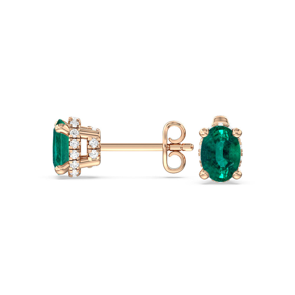 Oval Shape Emerald and Lab Diamond Classic Solitaire Under-Halo Earrings with 8x6 Cut Diamond in 14KT Rose Gold view 2