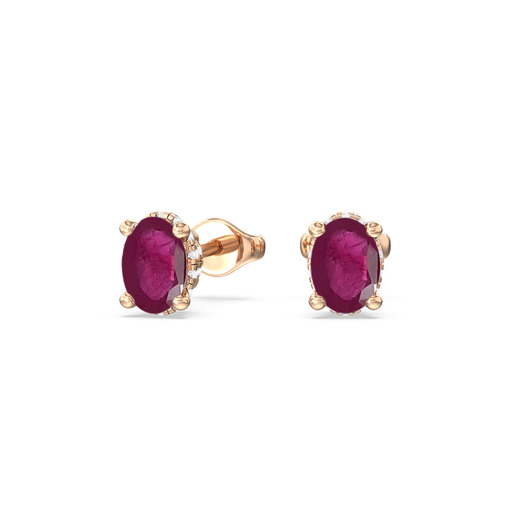 Oval Ruby and Lab Diamond Classic Solitaire Under-Halo Earrings with 8x6 Cut Diamond in 14KT Rose Gold view 1