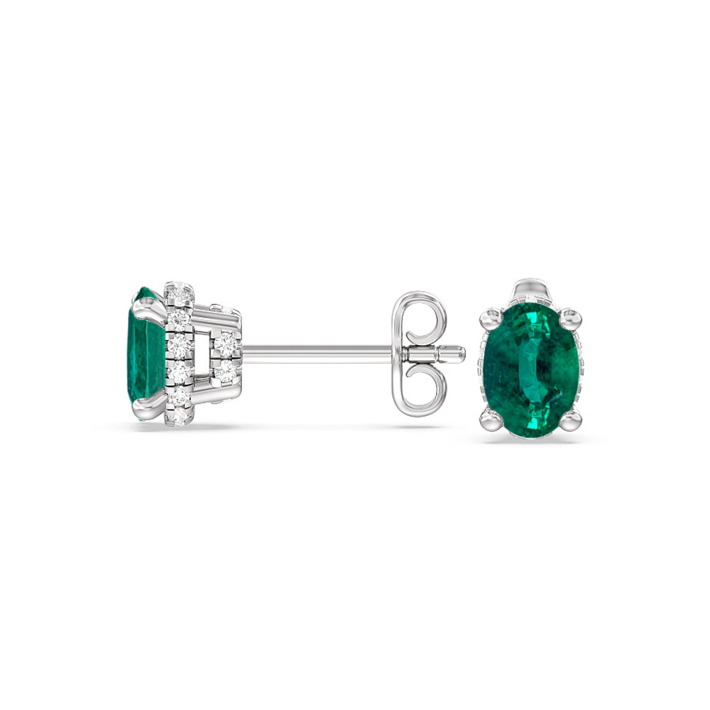 Oval Shape Emerald and Lab Diamond Classic Solitaire Under-Halo Earrings with 8x6 Cut Diamond in 14KT White Gold view 2