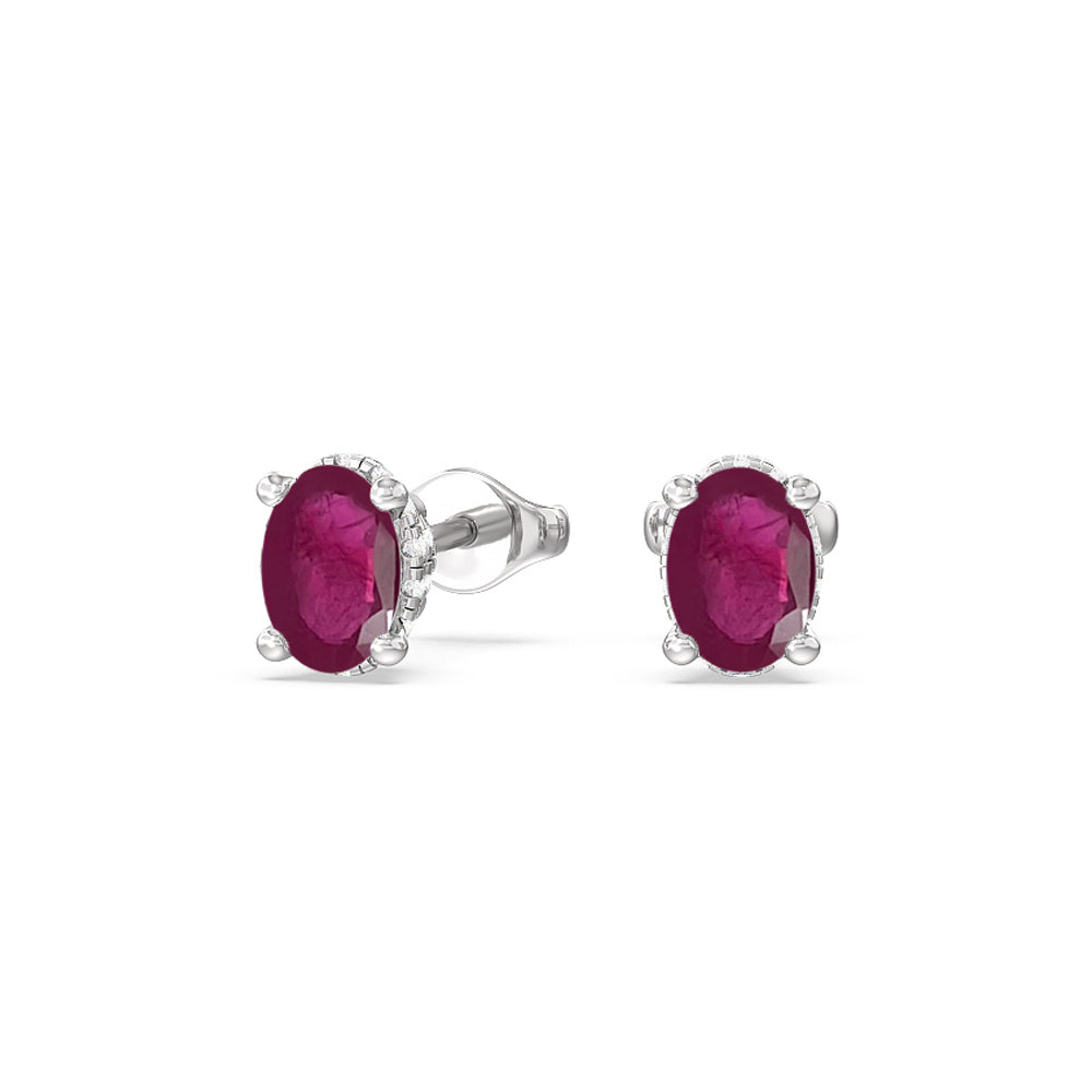 Oval Ruby and Lab Diamond Classic Solitaire Under-Halo Earrings with 8x6 Cut Diamond in 14KT White Gold view 1