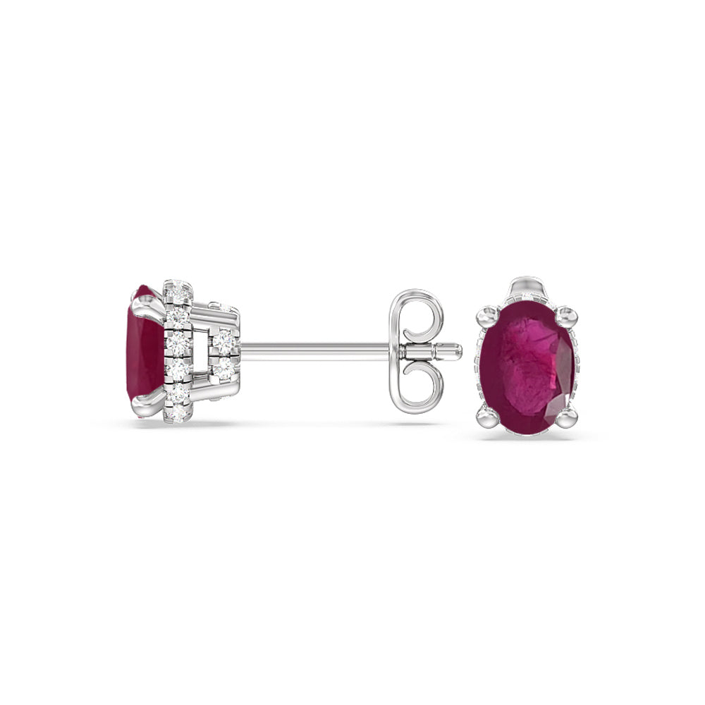 Oval Ruby and Lab Diamond Classic Solitaire Under-Halo Earrings with 8x6 Cut Diamond in 14KT White Gold view 2