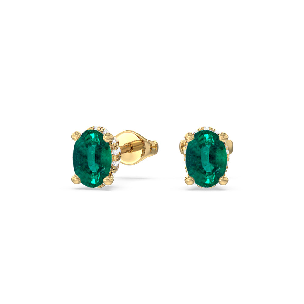 Oval Shape Emerald and Lab Diamond Classic Solitaire Under-Halo Earrings with 8x6 Cut Diamond in 14KT Yellow Gold view 1