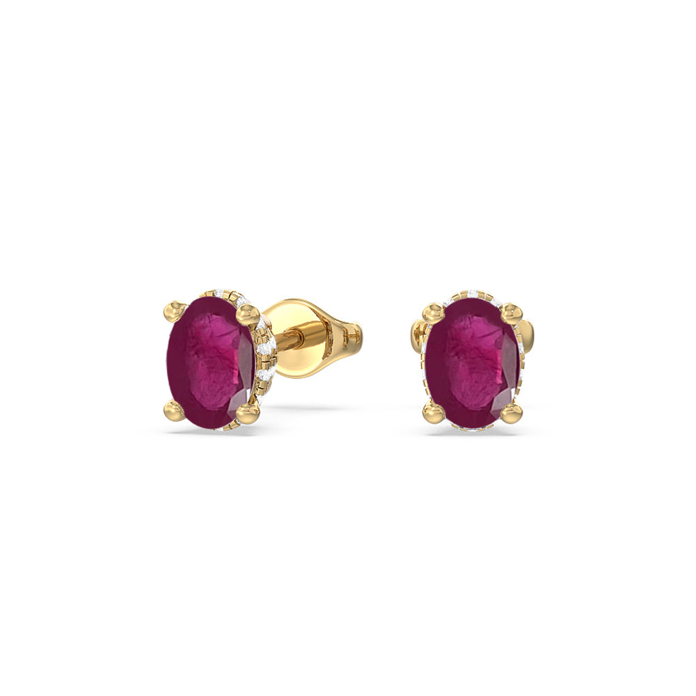 Oval Ruby and Lab Diamond Classic Solitaire Under-Halo Earrings with 8x6 Cut Diamond in 14KT Yellow Gold view 1