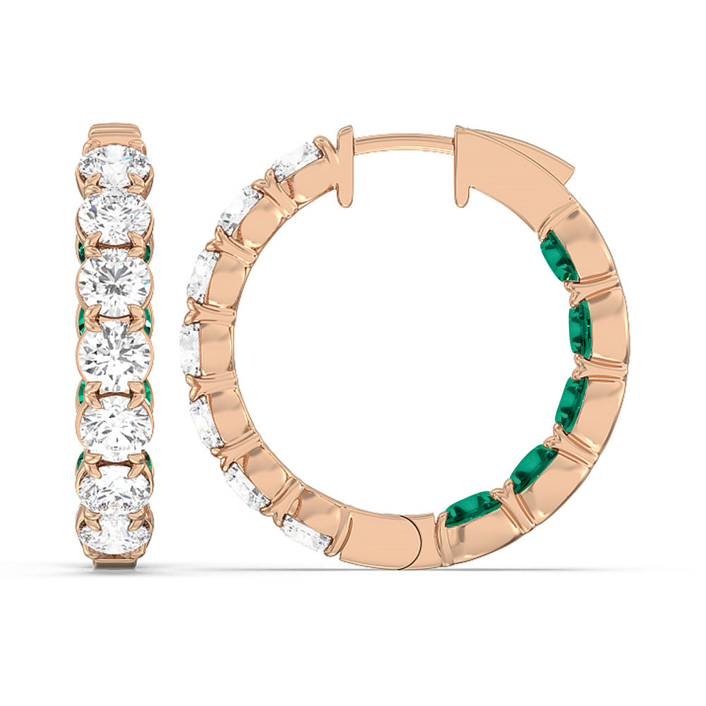 Inside-Out Round Shape Diamond and Created Emerald Hoop Earrings with 14KT Rose Gold Cut Diamond in 14KT Rose Gold view 2