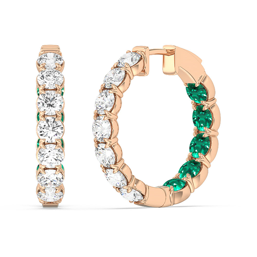 Inside-Out Round Shape Diamond and Created Emerald Hoop Earrings with 14KT Rose Gold Cut Diamond in 14KT Rose Gold view 1