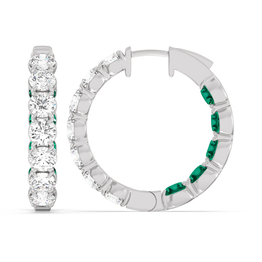 Inside-Out Round Shape Diamond and Created Emerald Hoop Earrings with 14KT White Gold Cut Diamond in 14KT White Gold view 2