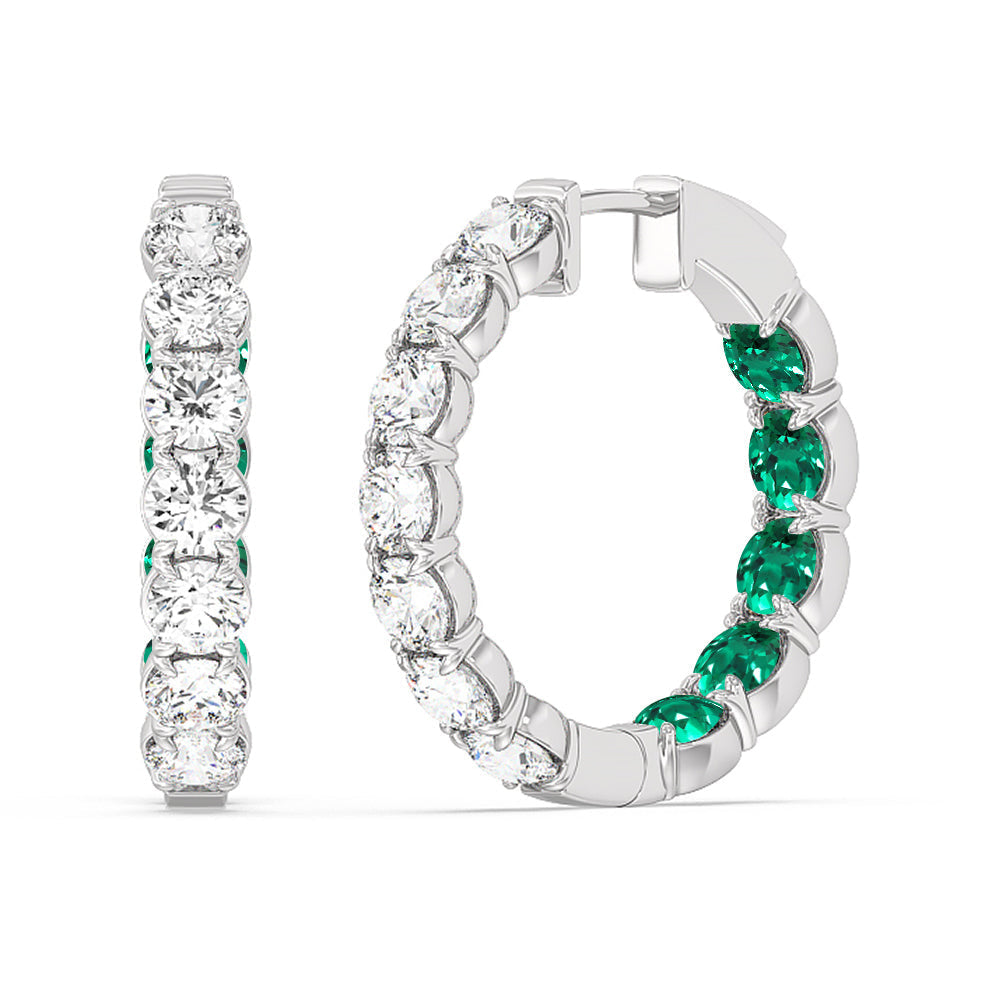 Inside-Out Round Shape Diamond and Created Emerald Hoop Earrings with 14KT White Gold Cut Diamond in 14KT White Gold view 1