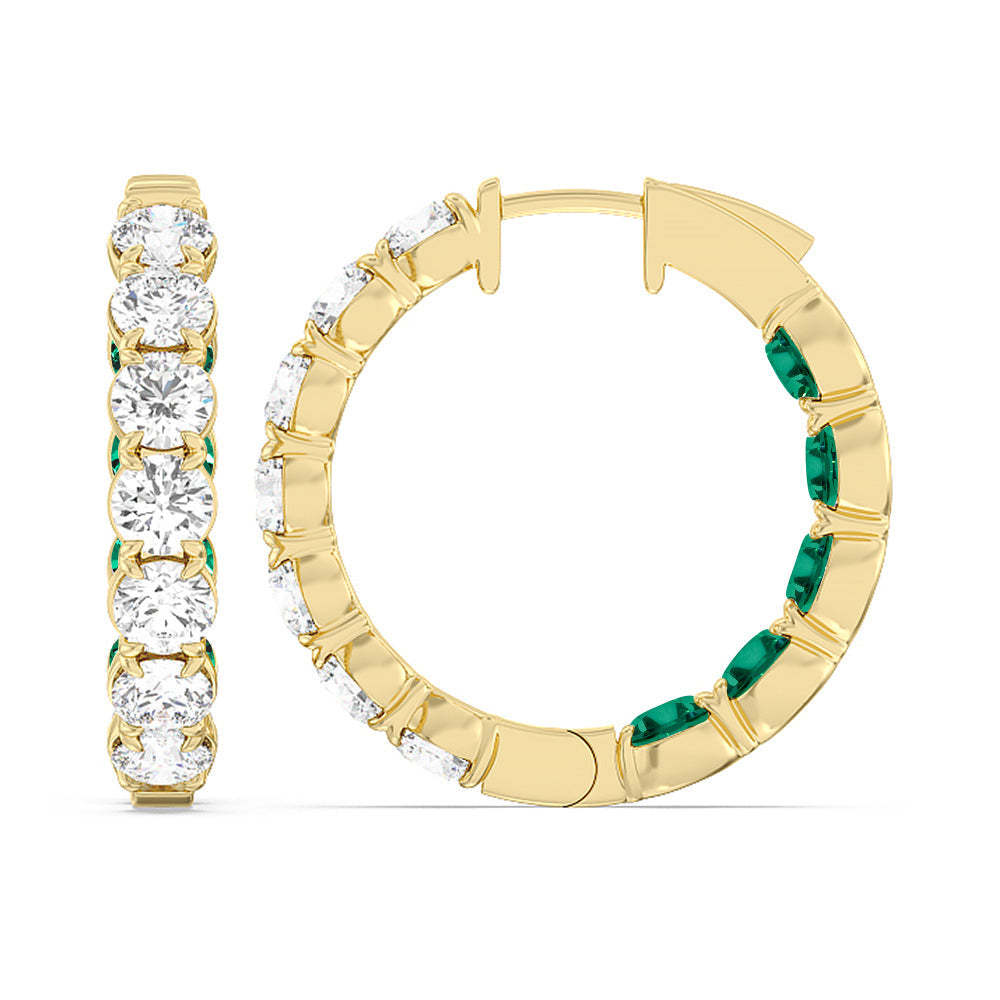 Inside-Out Round Shape Diamond and Created Emerald Hoop Earrings with 14KT Yellow Gold Cut Diamond in 14KT Yellow Gold view 2