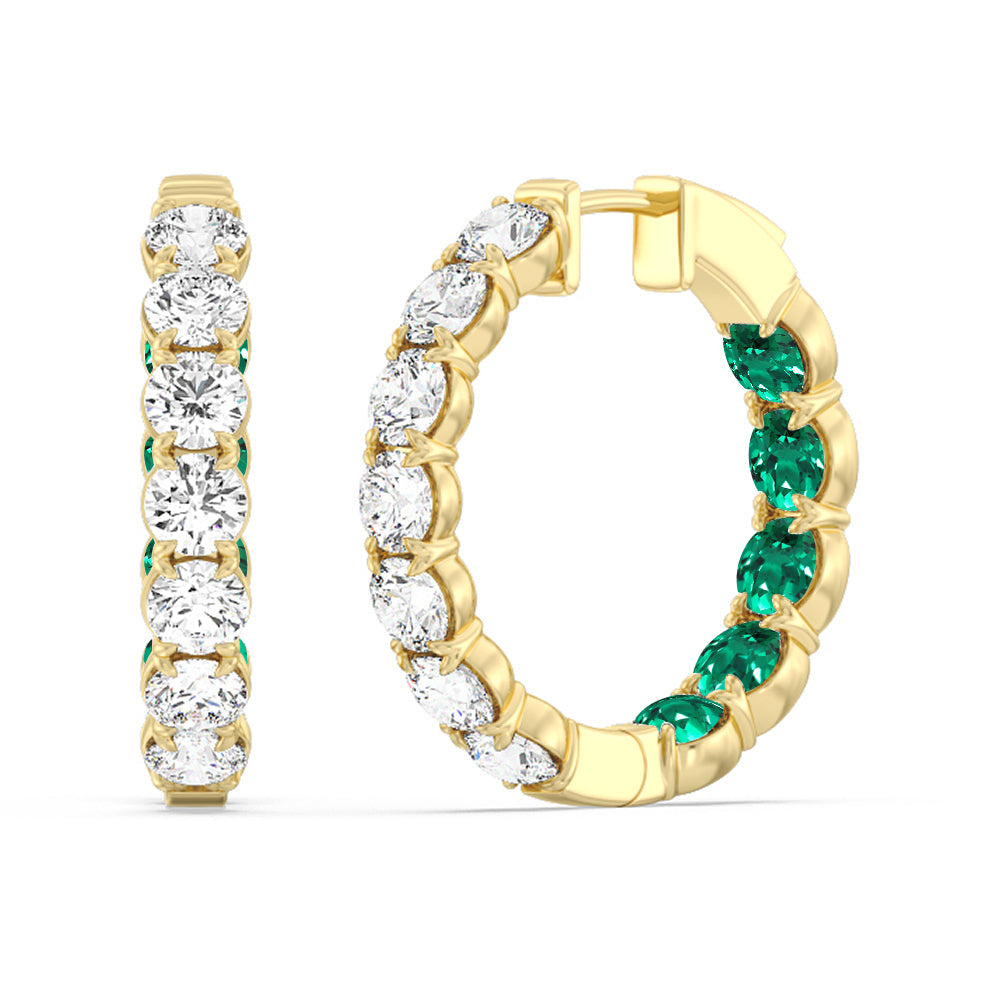 Inside-Out Round Shape Diamond and Created Emerald Hoop Earrings with 14KT Yellow Gold Cut Diamond in 14KT Yellow Gold view 1