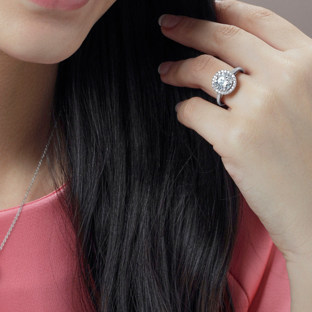 Model Wearing Pave Diamond Halo Engagement Ring with Lab Grown Diamond view