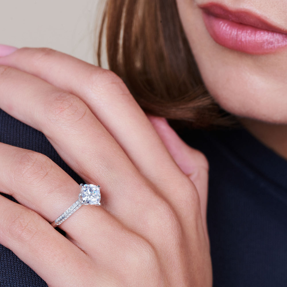 Model Wearing Pave Prong Hidden Halo Diamond Engagement Ring view