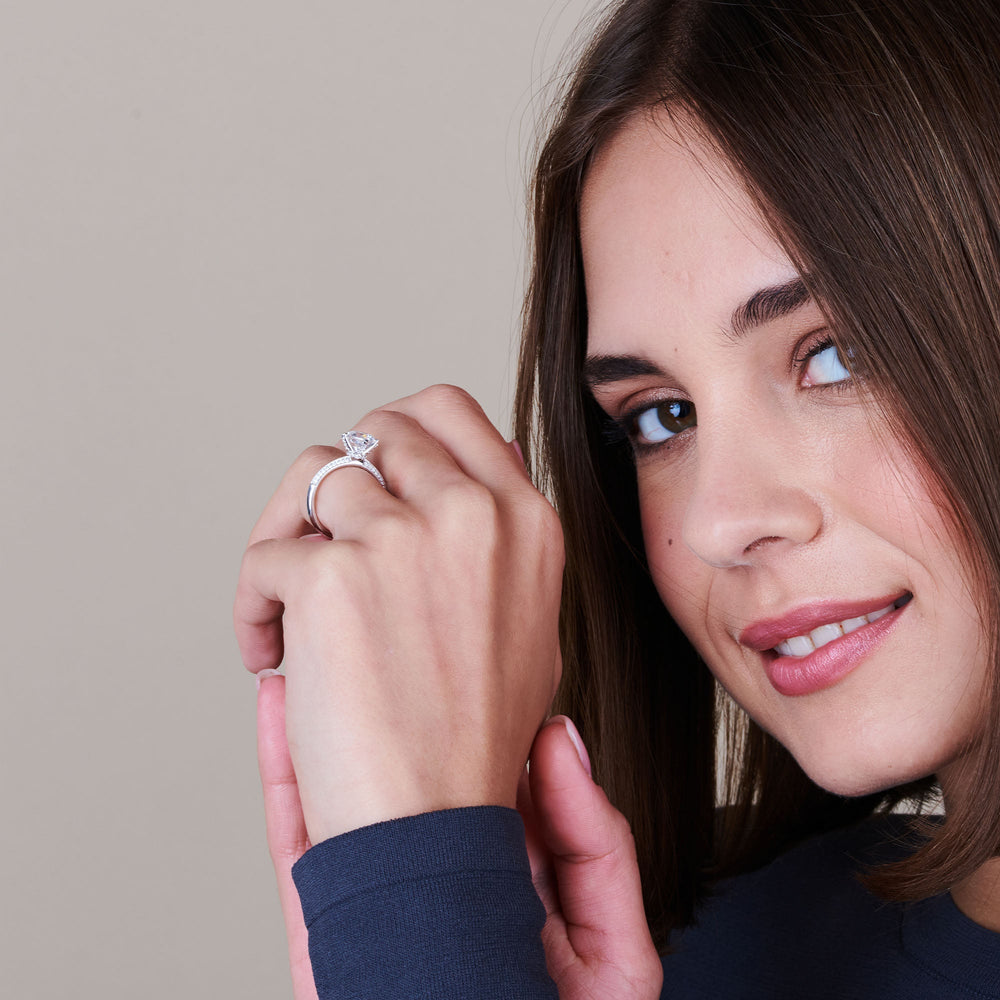 Model Wearing Pave Prong Hidden Halo Diamond Engagement Ring view