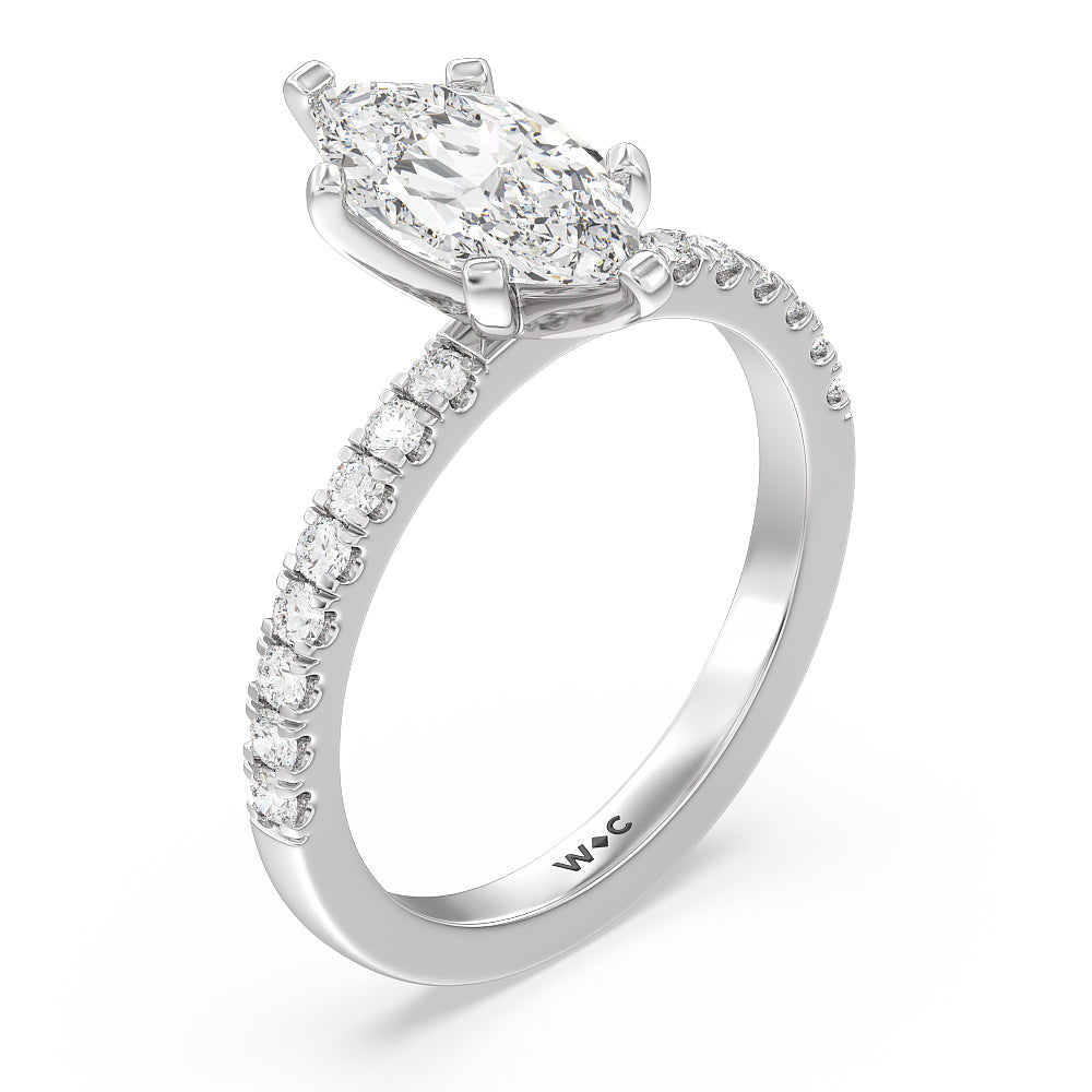 Vela Classic Pave Diamond Engagement Ring with Marquise Cut Diamond in 14KT Platinum view 3