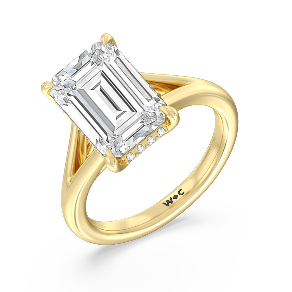 Elegance Split Shank Engagement Ring with Emerald Cut Diamond in 14KT Yellow Gold view 3