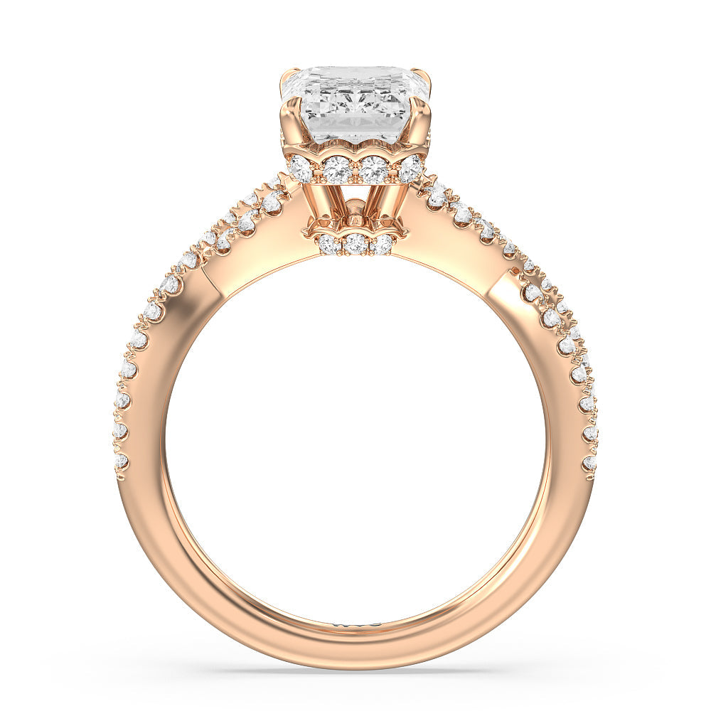 Twin Scalloped Hidden Halo Crossover Engagement Ring with Emerald Cut Diamond in 14KT Rose Gold view 2