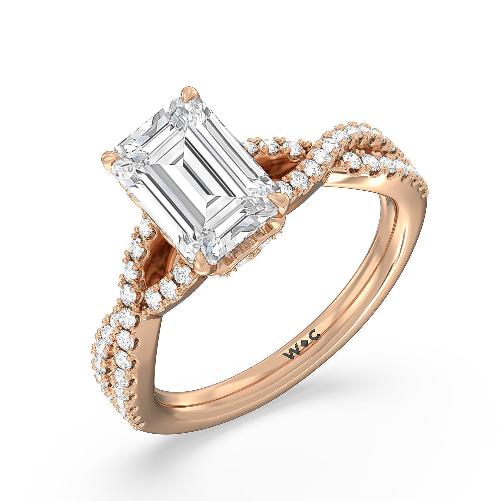 Twin Scalloped Hidden Halo Crossover Engagement Ring with Emerald Cut Diamond in 14KT Rose Gold view 3