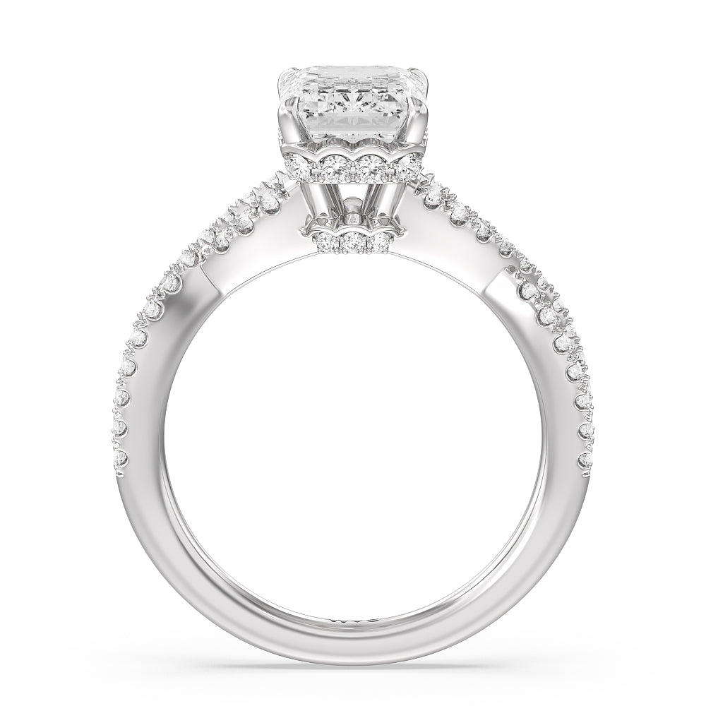 Twin Scalloped Hidden Halo Crossover Engagement Ring with Emerald Cut Diamond in 14KT Platinum view 2