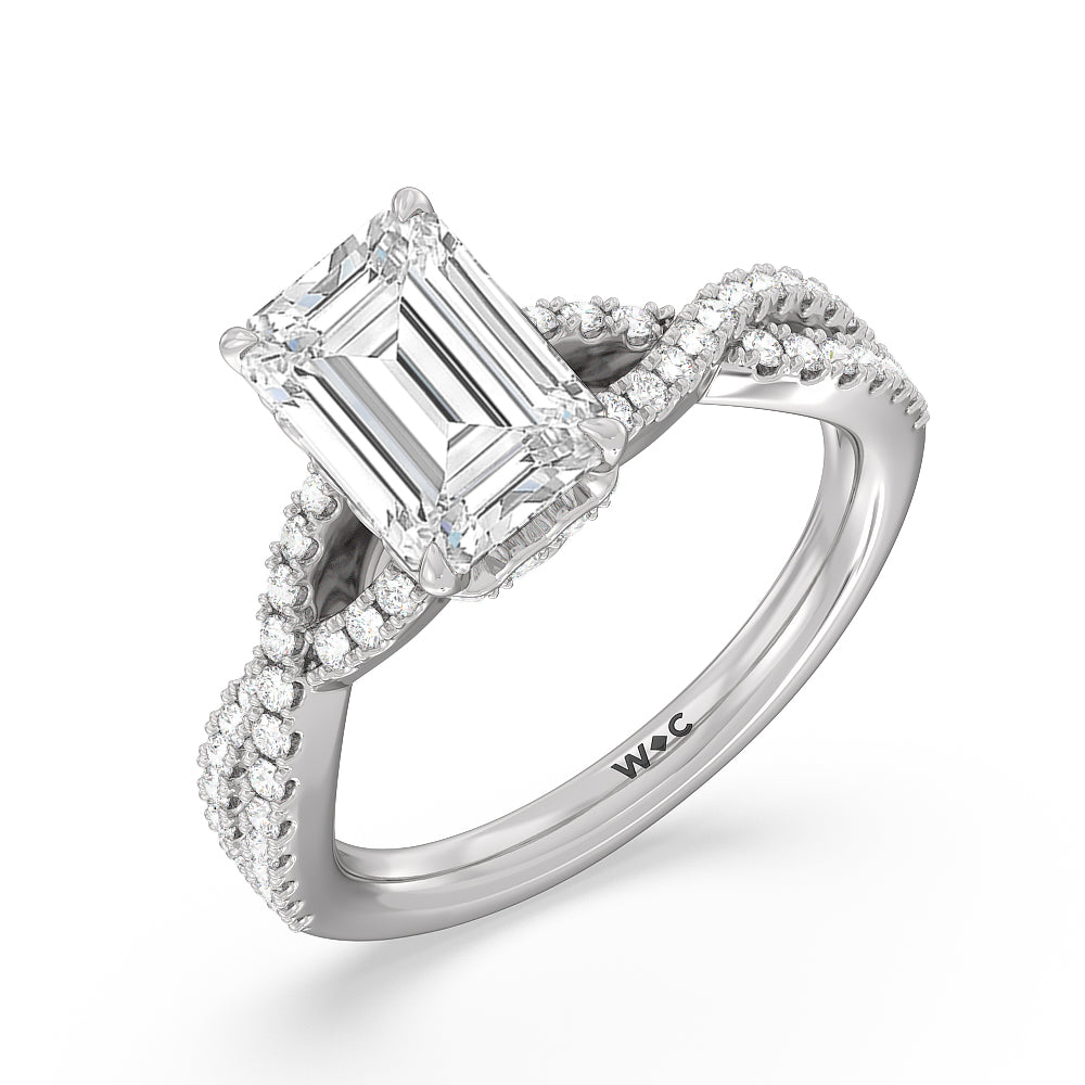 Twin Scalloped Hidden Halo Crossover Engagement Ring with Emerald Cut Diamond in 14KT Platinum view 3