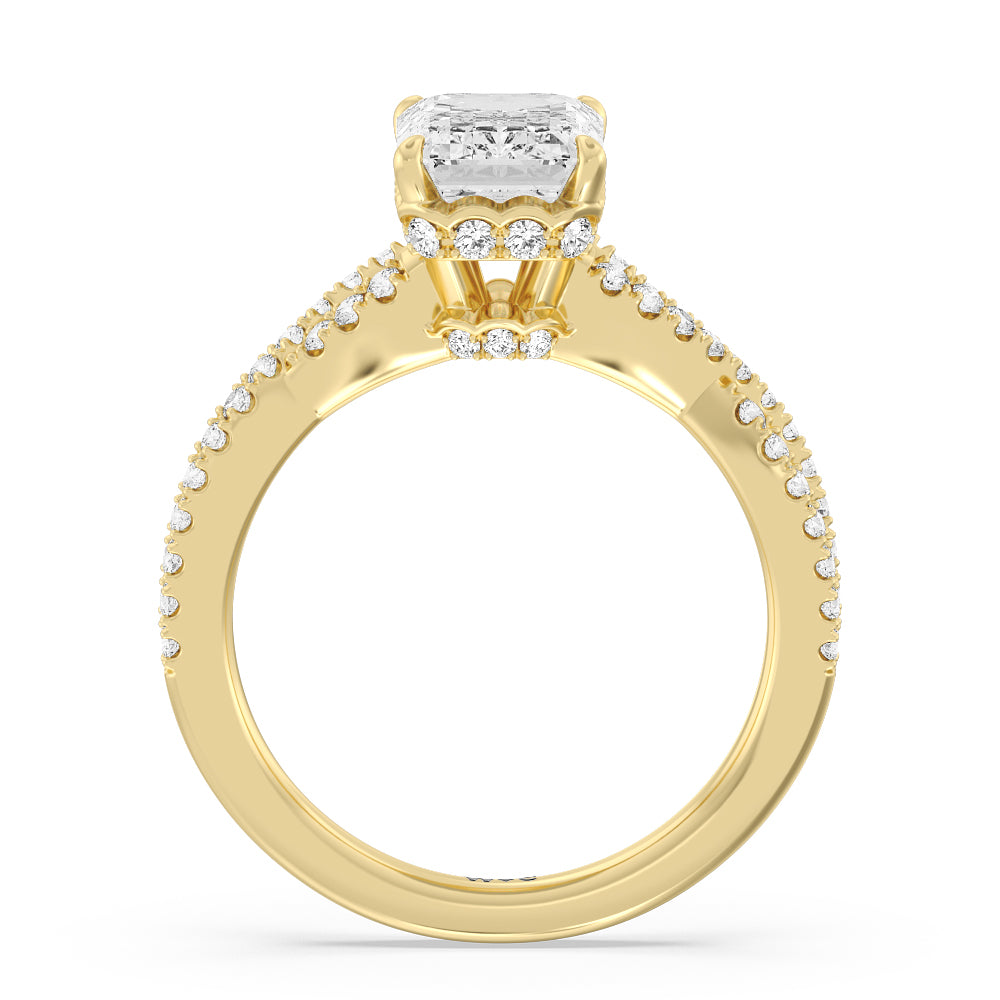 Twin Scalloped Hidden Halo Crossover Engagement Ring with Emerald Cut Diamond in 14KT Yellow Gold view 2