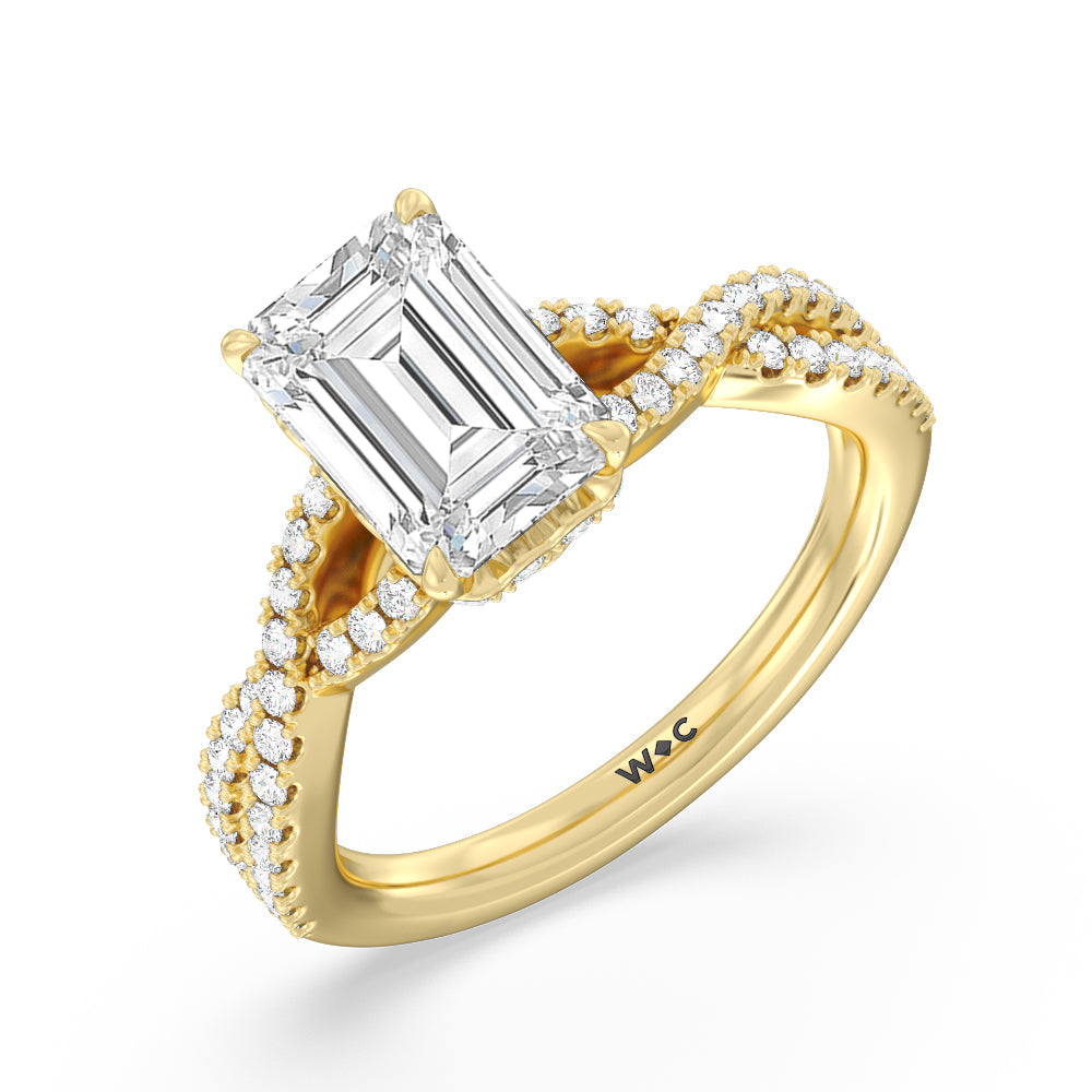 Twin Scalloped Hidden Halo Crossover Engagement Ring with Emerald Cut Diamond in 14KT Yellow Gold view 3