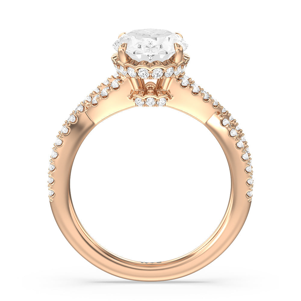 Twin Scalloped Hidden Halo Crossover Engagement Ring with Oval Cut Diamond in 14KT Rose Gold view 2