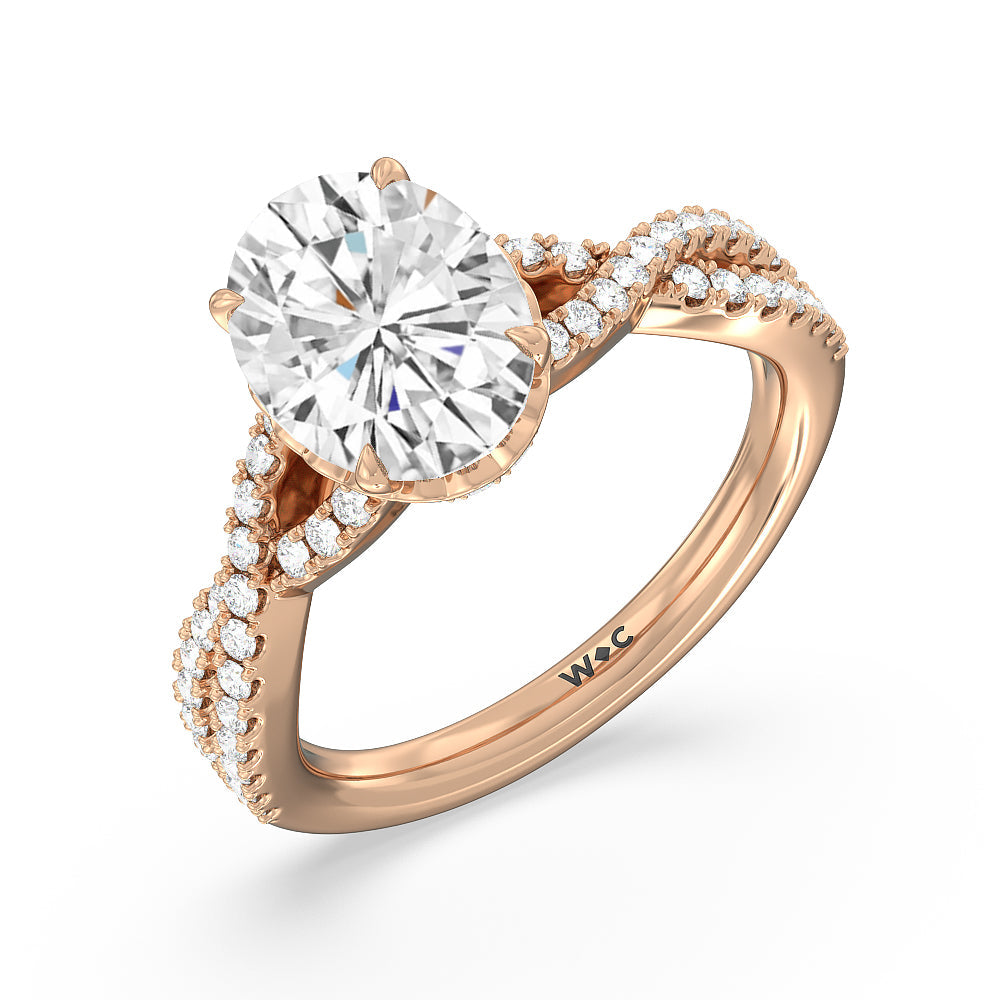 Twin Scalloped Hidden Halo Crossover Engagement Ring with Oval Cut Diamond in 14KT Rose Gold view 3