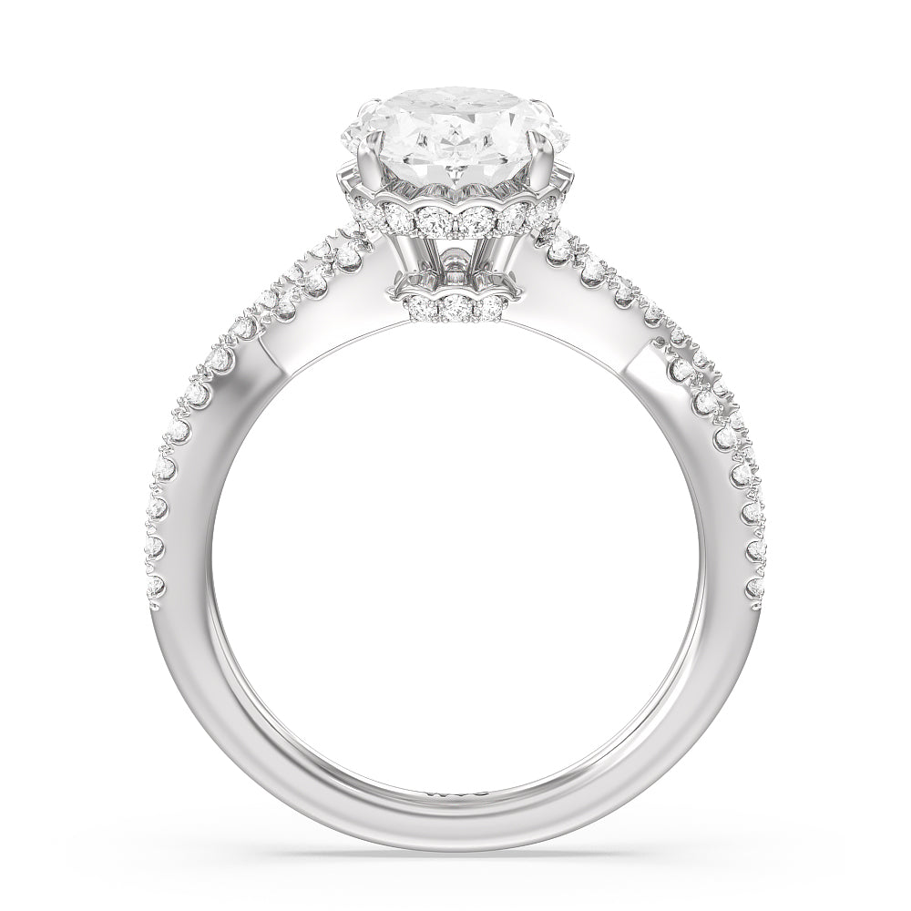 Twin Scalloped Hidden Halo Crossover Engagement Ring with Oval Cut Diamond in 14KT Platinum view 2