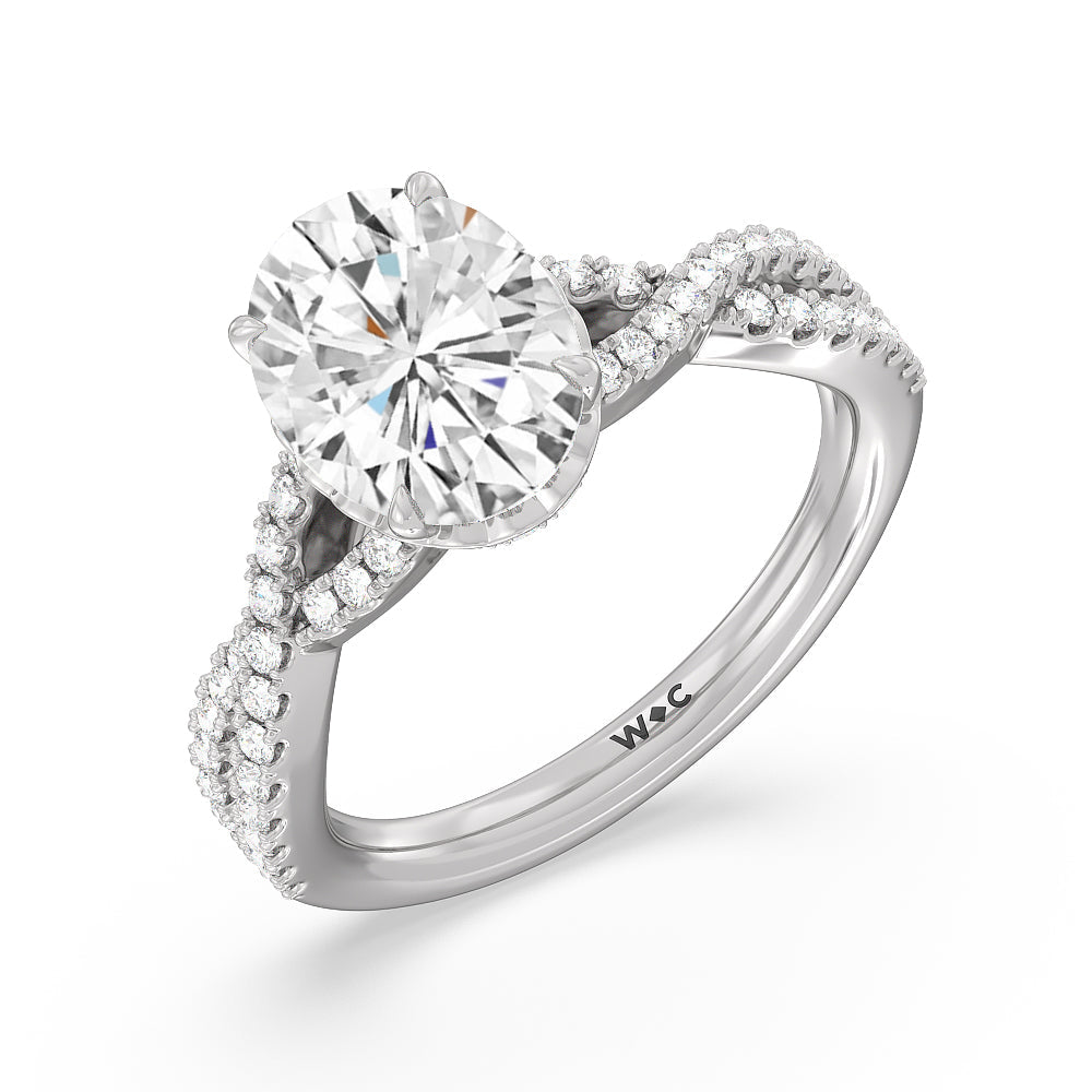 Twin Scalloped Hidden Halo Crossover Engagement Ring with Oval Cut Diamond in 14KT Platinum view 3
