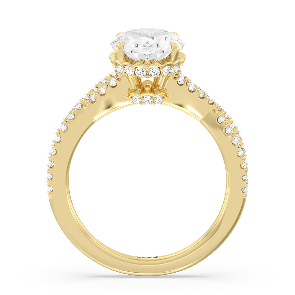 Twin Scalloped Hidden Halo Crossover Engagement Ring with Oval Cut Diamond in 14KT Yellow Gold view 2