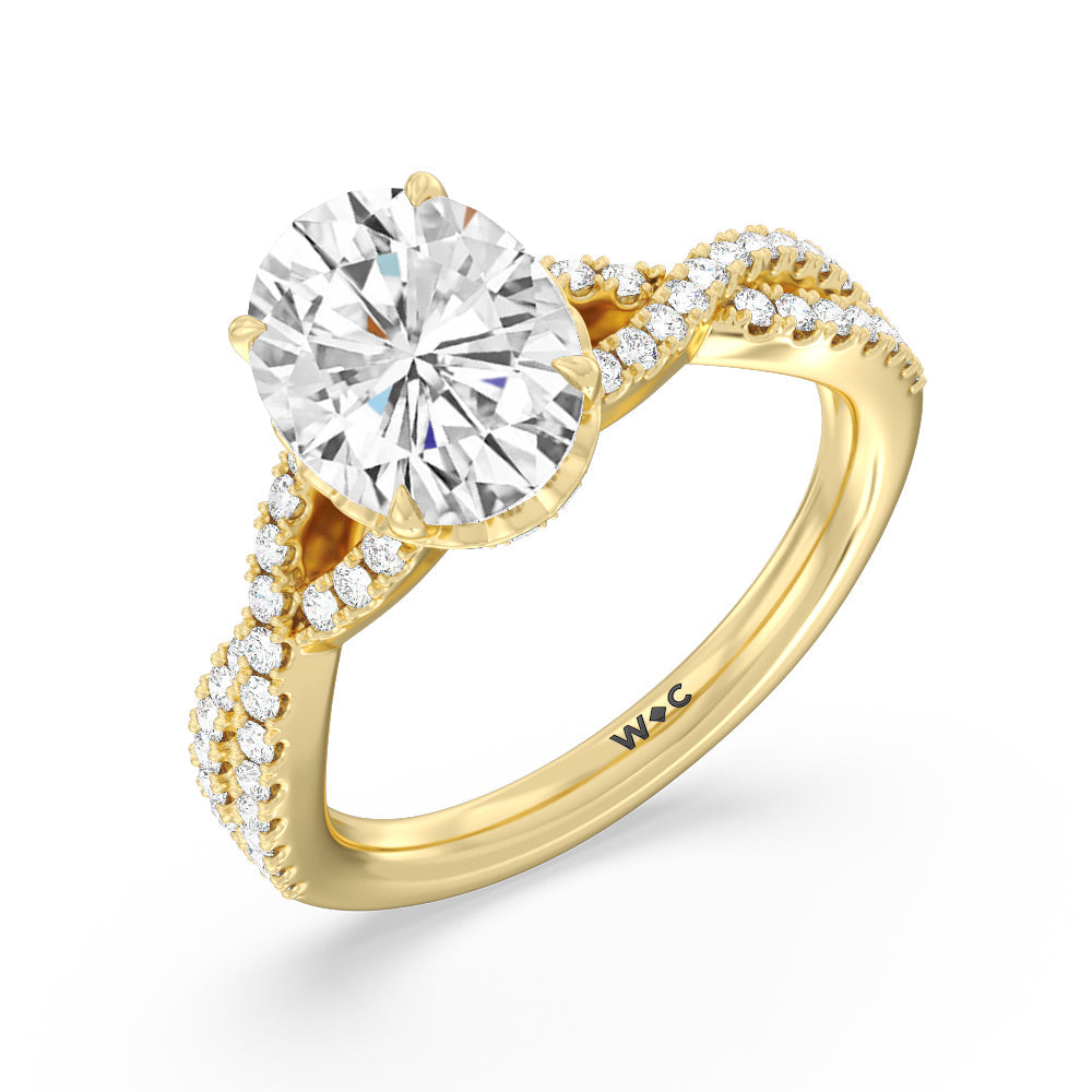 Twin Scalloped Hidden Halo Crossover Engagement Ring with Oval Cut Diamond in 14KT Yellow Gold view 3