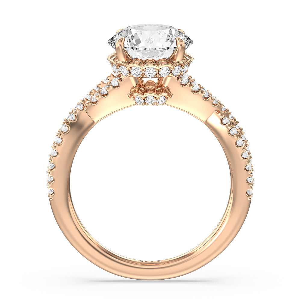 Twin Scalloped Hidden Halo Crossover Engagement Ring with Round Cut Diamond in 14KT Rose Gold view 2