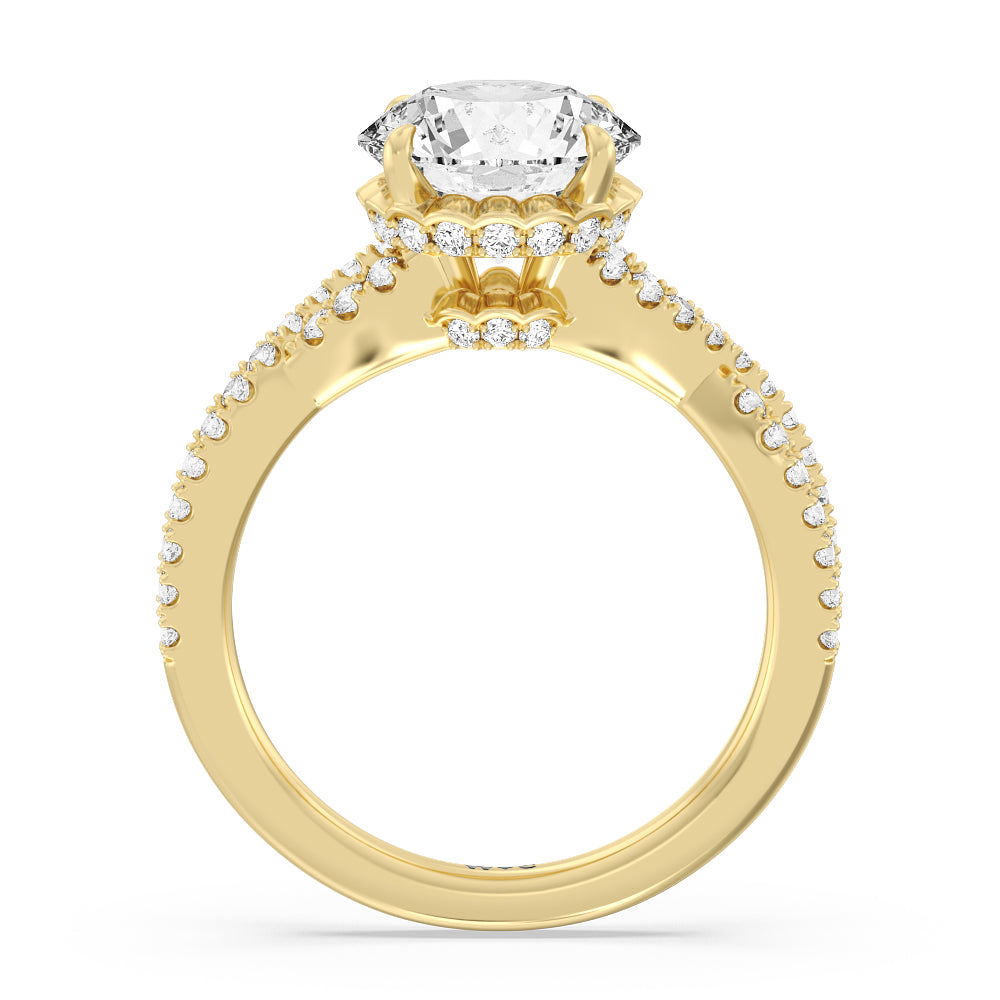Twin Scalloped Hidden Halo Crossover Engagement Ring with Round Cut Diamond in 14KT Yellow Gold view 2