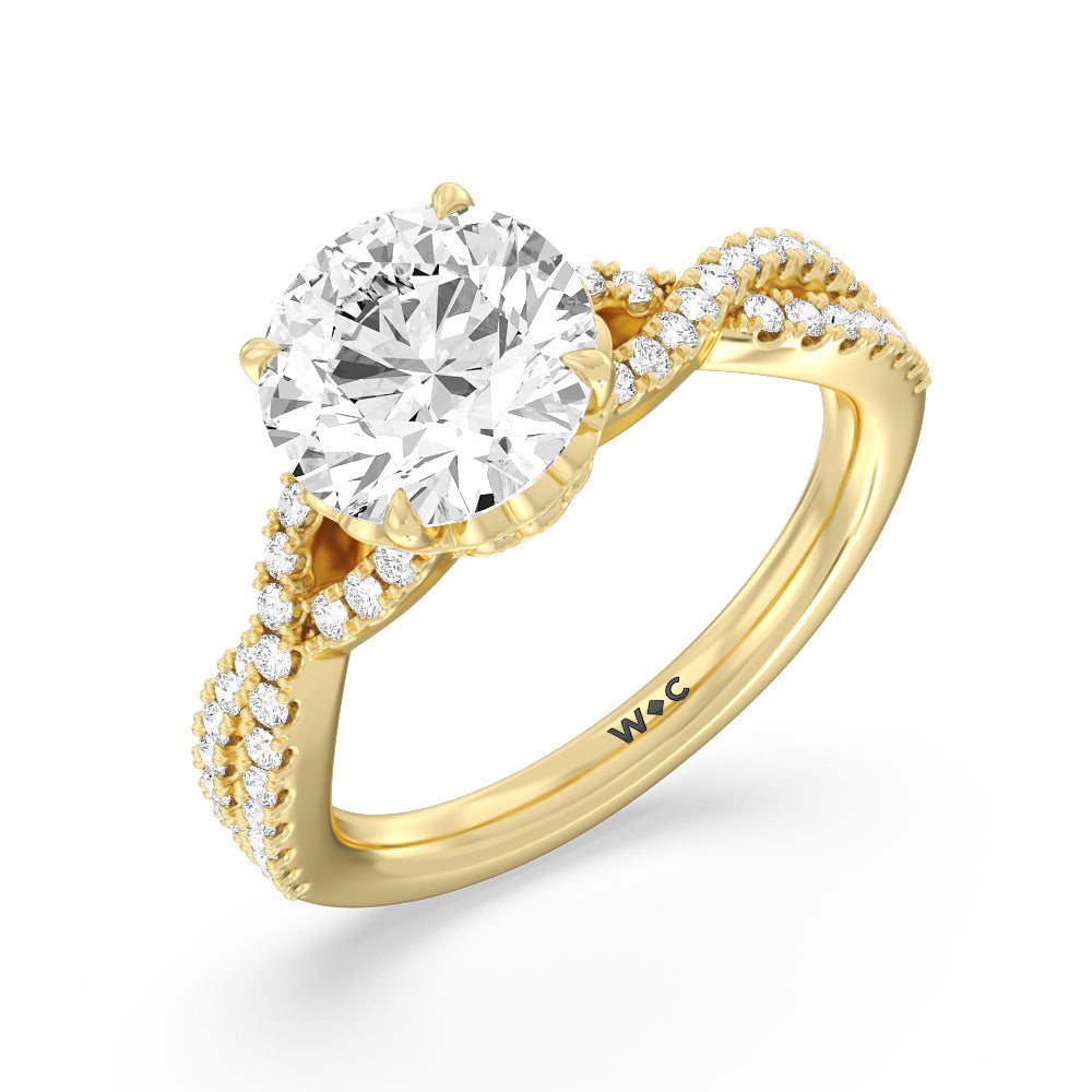 Twin Scalloped Hidden Halo Crossover Engagement Ring with Round Cut Diamond in 14KT Yellow Gold view 3