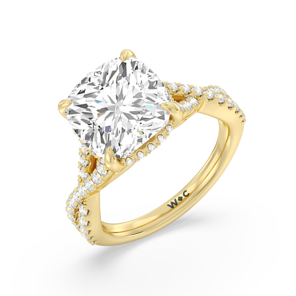Cushion Cut Royal Twist Hidden Halo Ring with Lab Grown Diamond in 14KT Yellow Gold view 3