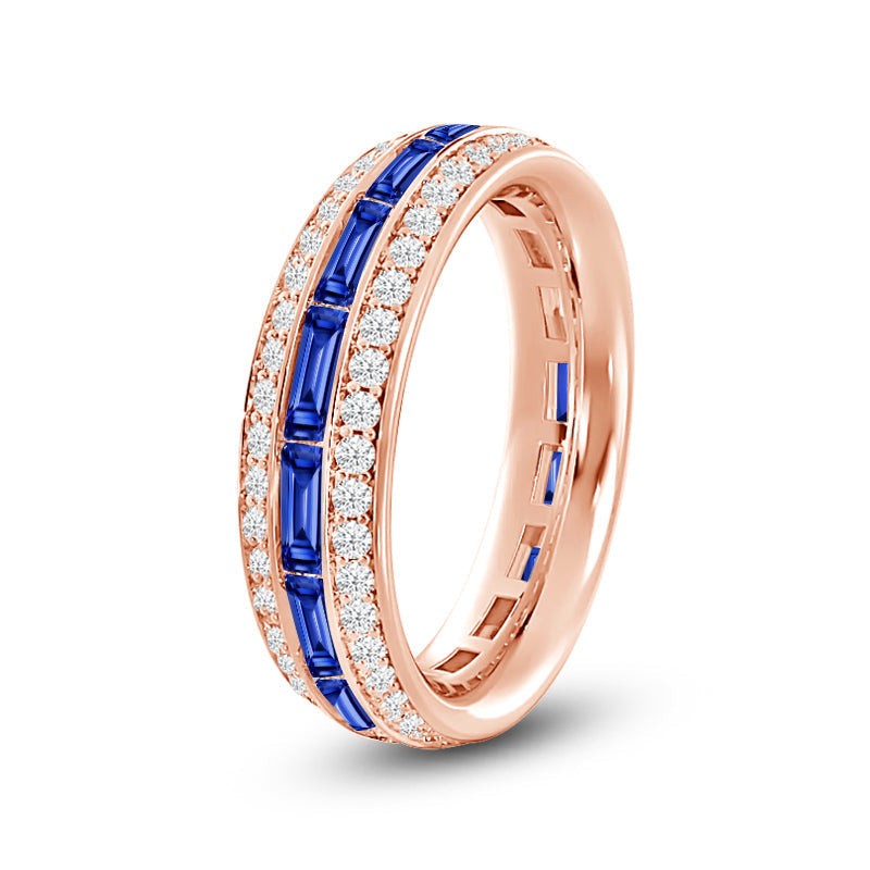 Three Row Diamond and Created Sapphire Baguette Channel Eternity Ring with 14KT Rose Gold Cut Diamond in 14KT Rose Gold view 2