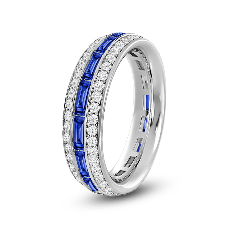 Three Row Diamond and Created Sapphire Baguette Channel Eternity Ring with 14KT White Gold Cut Diamond in 14KT White Gold view 2