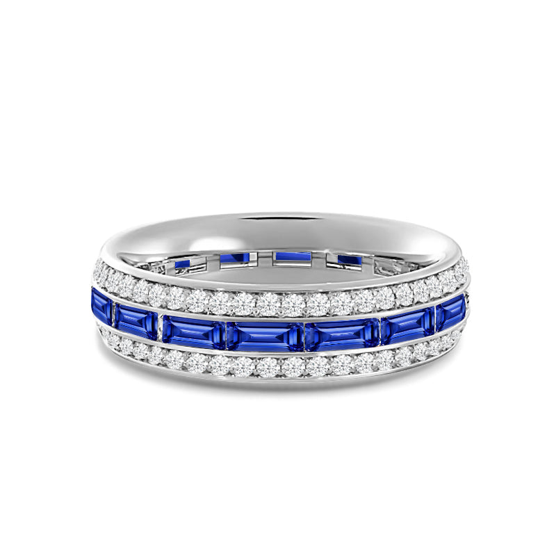 Three Row Diamond and Created Sapphire Baguette Channel Eternity Ring with 14KT White Gold Cut Diamond in 14KT White Gold view 1