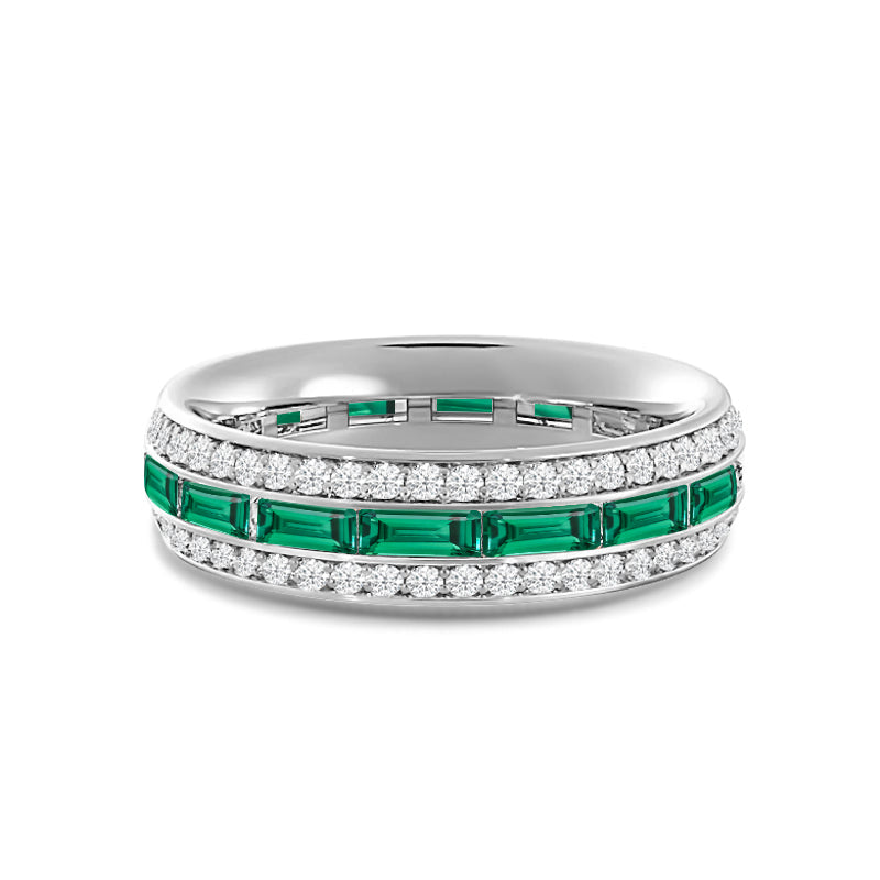 Three Row Diamond and Created Emerald Baguette Channel Eternity