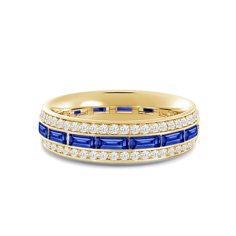 Three Row Diamond and Created Sapphire Baguette Channel Eternity Ring with 14KT Yellow Gold Cut Diamond in 14KT Yellow Gold view 1