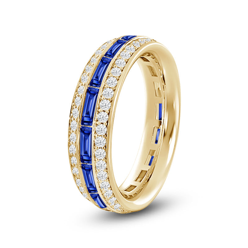 Three Row Diamond and Created Sapphire Baguette Channel Eternity Ring with 14KT Yellow Gold Cut Diamond in 14KT Yellow Gold view 2