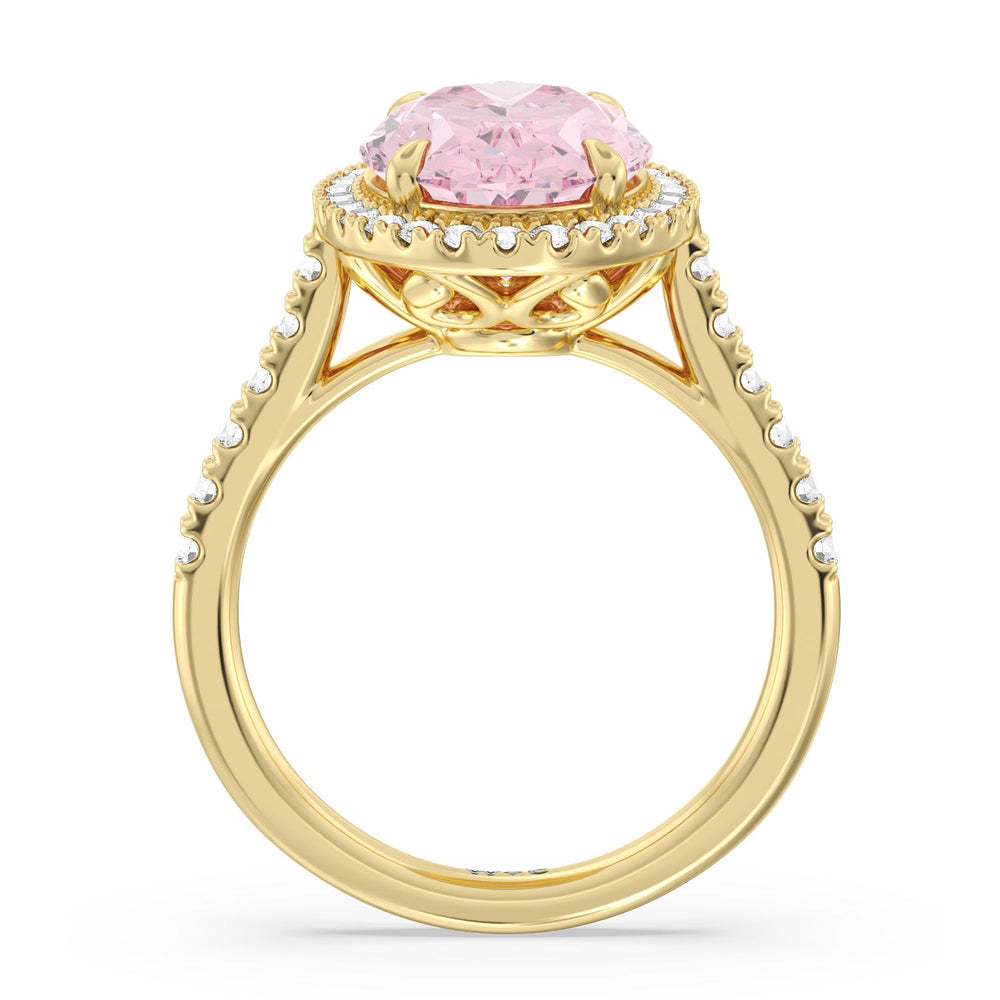 Oval Cut Fancy Intense Pink Oval Halo Ring with Lab Grown Diamond in 14KT Yellow Gold view 2