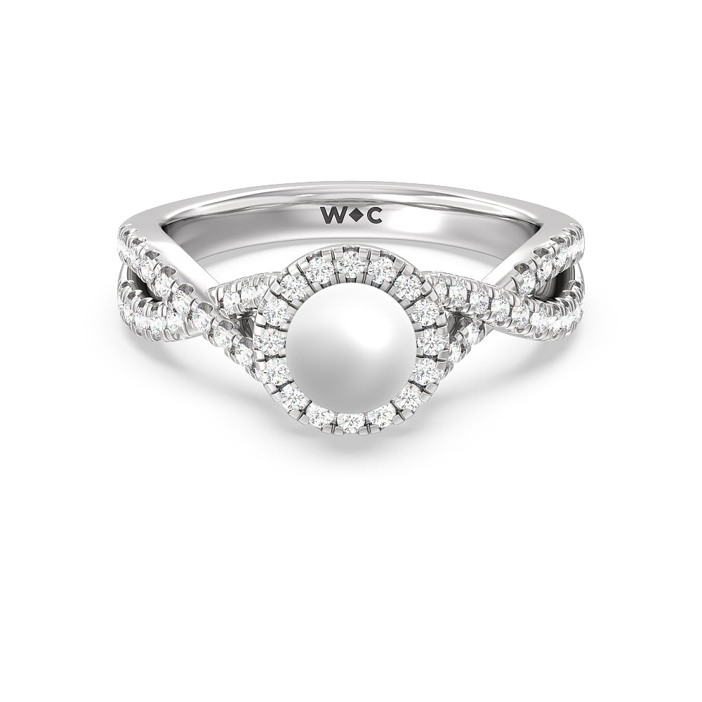 Pearl and Lab Diamond Halo Ring With Twisted Split Shank With Clarity